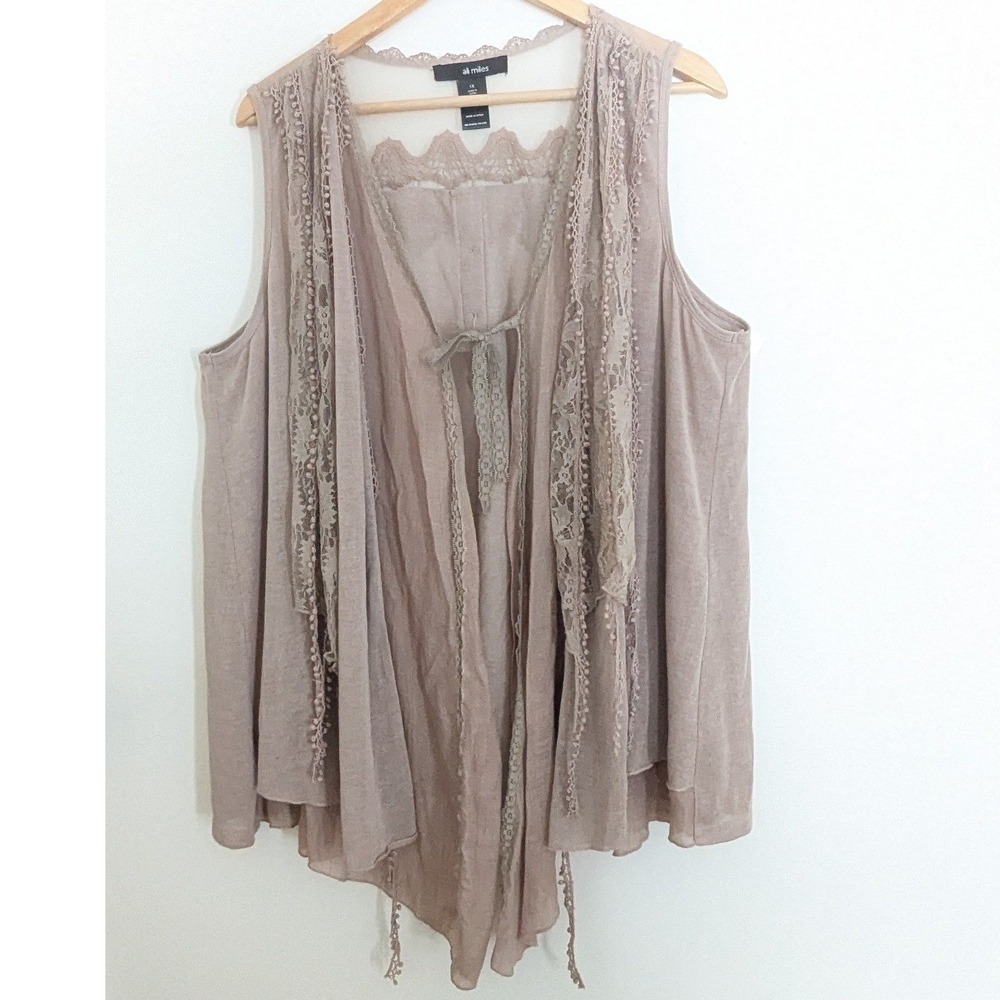 Ali Miles Layered Vest Top Womens 1X Taupe Lace Trim Mesh Yoke Boho Sleeveless